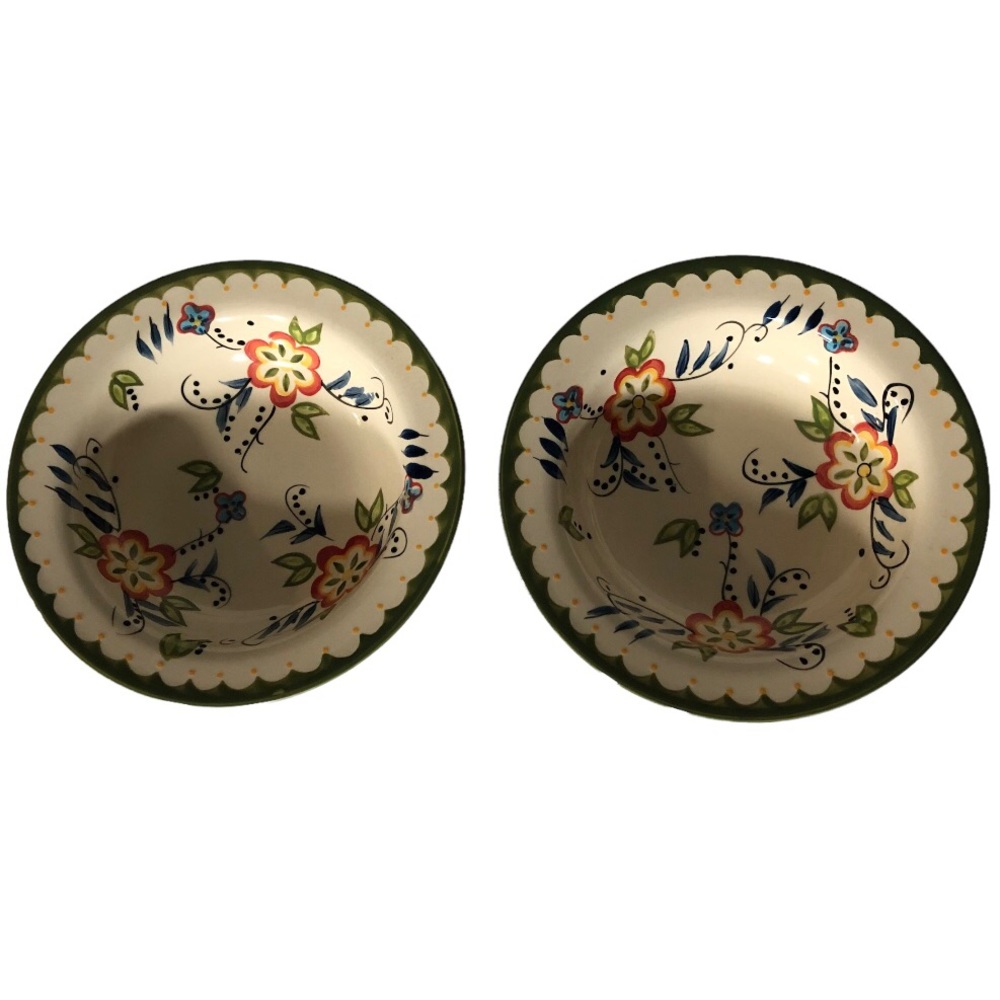 Temptations Capri Pottery Pasta Bowl Set Painted Floral Tuscan Style Green